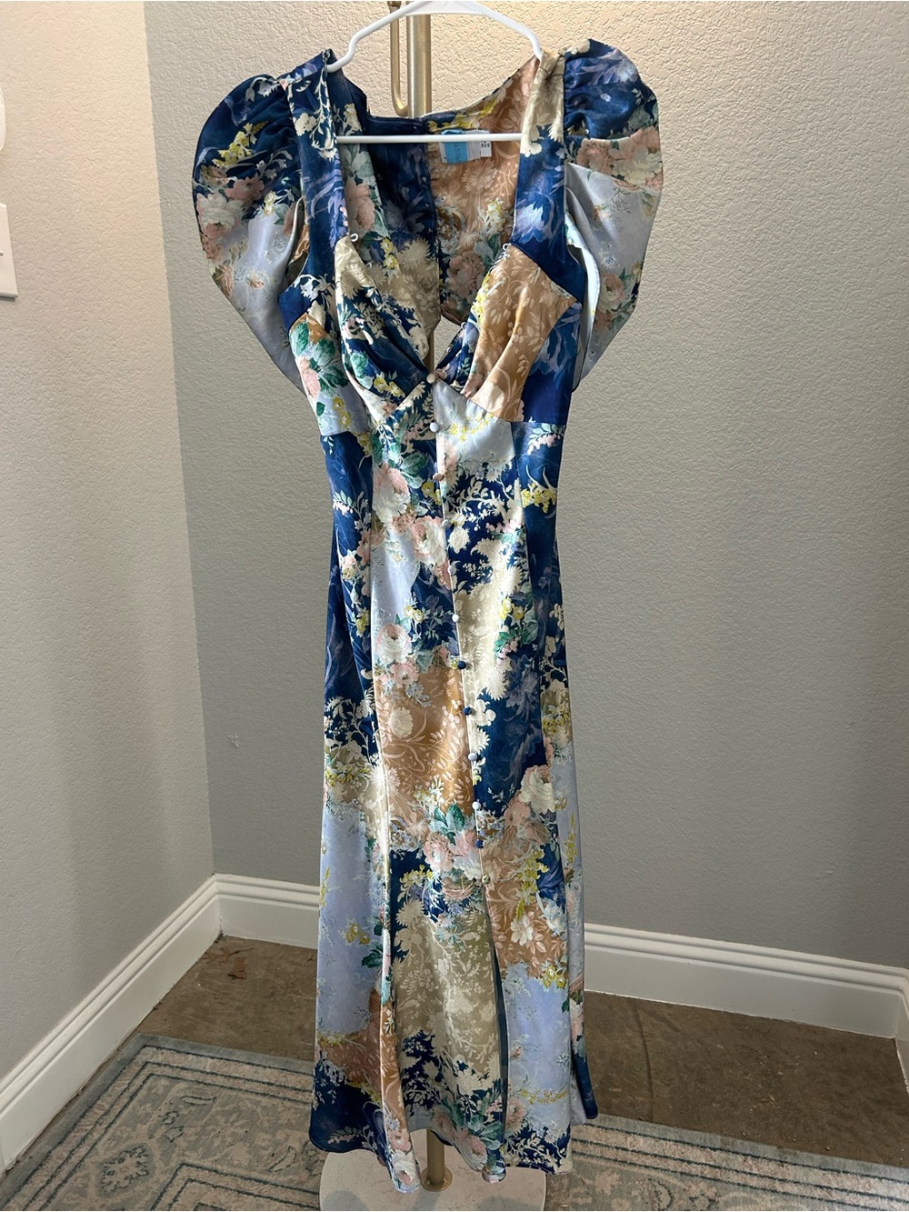 ASOS Design Floral Satin Patchwork Maxi Dress in Navy, Light Blue & Champagne